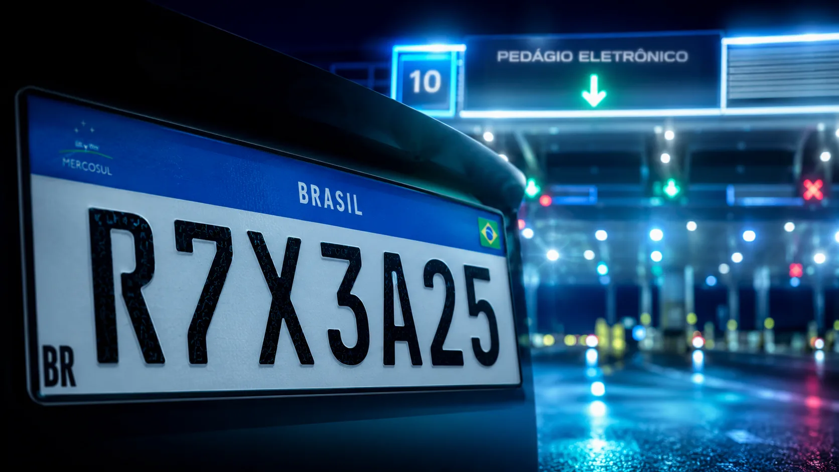 Pedágio eletrônico Free Flow: placa de veículo brasileira passando por pórtico à noite